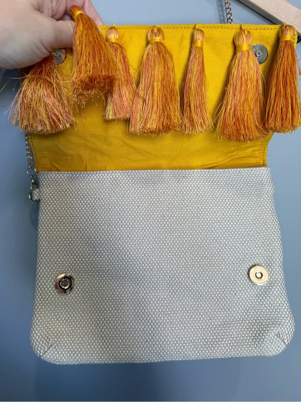 Chico's tropical leaf embroidered clutch purse gold chain